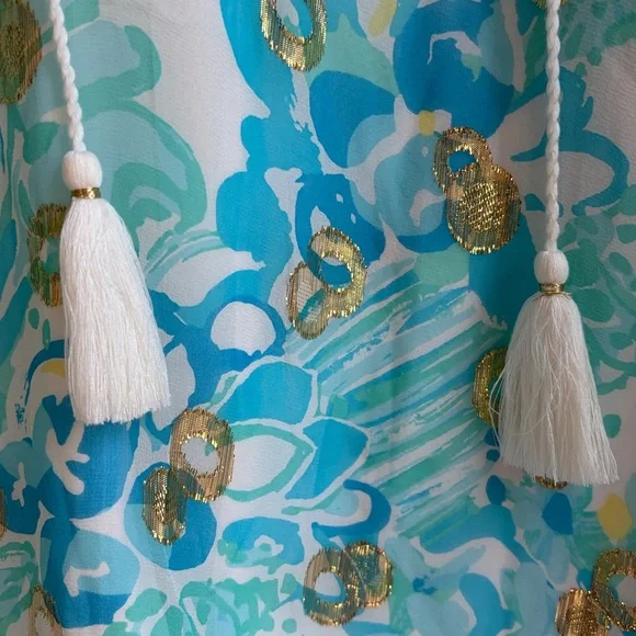 Lily Pulitzer silk tunic dress with blue floral and metallic pattern, spring! - Picture 7 of 10
